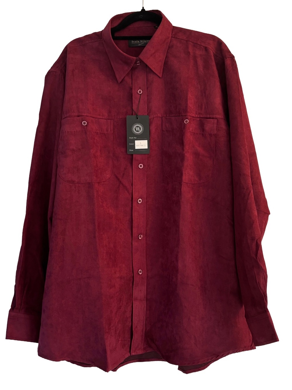 Scala Milano Burgundy Faux Suede Button Down Long Sleeve Shirt